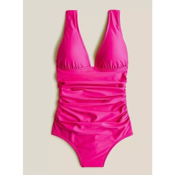 J Crew Womens 8 Pink Fuschia Ruched V-Neck Slimming One Piece Swimsuit NWT - Picture 3 of 6